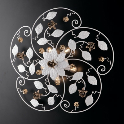 Plafoniera in ferro laccato bianco shabby 5 luci e rifiniture avorio e tortora