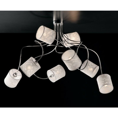 Plafoniera ferro cromato 8 luci con paralume bianco in pvc effetto damasco