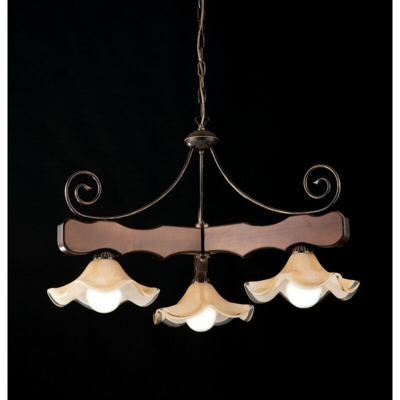 Lampadario taverna in noce antico e ferro laccato marrone oro 3 luci con vetro