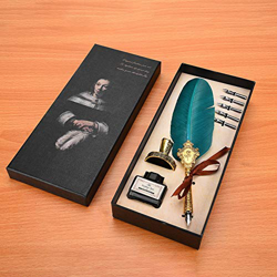 Penna Piuma, Penne Con Inchiostro Stilografiche Quill Pen Antico Dip Pen Penna Stilografica Retrò Firma La Penna Piuma, 25-26cm(Verde) en oferta