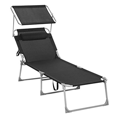 SONGMICS Lettino Prendisole Grande, Sdraio Pieghevole, 71 x 200 x 38 cm, Max Portata 150 kg, con Poggiatesta Parasole e Schienale Reclinabile, per Gia