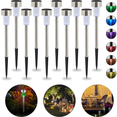 Set da 10 Lampade Solari a LED Impermeabili, per Giardino Terrazza in Acciaio Inox, Cambio di Colore, Argento