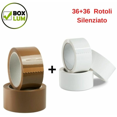 Boxlum - Nastro imballaggio adesivo silenziato 36 rotoli bianco 36 avana da mm 66x50 metri