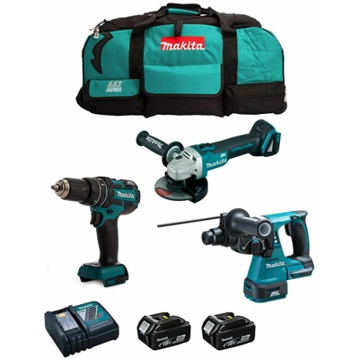 MAKITA Kit MST3M2BL 18V (DHR242 + DGA504 + DHP480 + 2 x 4,0 Ah + DC18RC + Trolley)