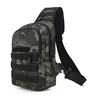 Huntvp® Borsa Petto Tattico con USB Ricaricabile Porta Bottiglia Militare Zaino Monospalla Uomo Borsello a Tracolla Molle per Campeggio Escursionismo 