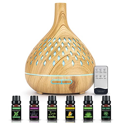 DOCOO Diffusore di Oli Essenziali 400ml con Set di Oli Essenziali, Umidificatore Ultrasuoni Diffusore di Aromi con 14 colori LED Luci a Basso Rumore N