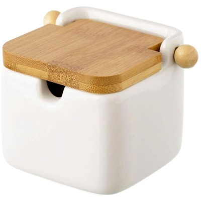 Bakaji - Zuccheriera Barattolo Ceramica Tappo Legno Bambu Sale Zucchero Caffe 0,7lt Bianc