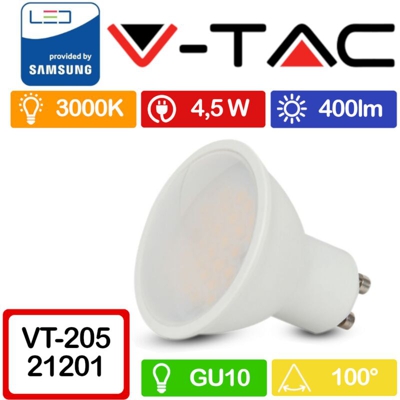 PRO VT-205 Lampadina spot led chip samsung SMD 5W GU10 bianco caldo 3000K - SKU 201 - V-tac
