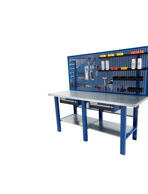 Banco da lavoro Werkmeister 2000 2 Cassetti pannello posteriore linea profi piana in ferro zincato