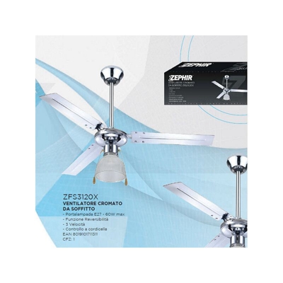 Ventilatore Da Soffitto 3 Pale Cromo 122 Con Globbo Aperto Centrale Zfs3120X Zephir