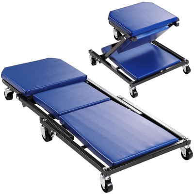 Carrello Materassino Sottoauto Sgabello Officina Meccanico 2in1 Imbottito Blu