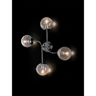 Plafoniera in ferro cromo lucido 4 luci con sfere in vetro soffiato crackle trasparente