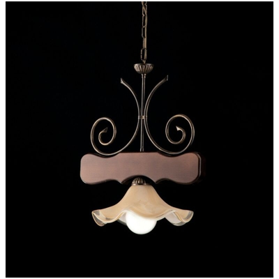 Lampadario in noce antico e ferro laccato marrone con decorazione oro 1 luce con vetro