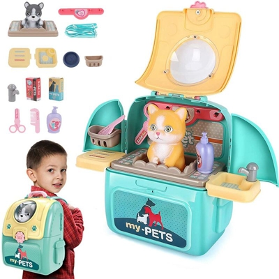 Zaino Playset Negozio Animali 13pz Gioco Cagnolino o Gattino Giocattolo Bambini