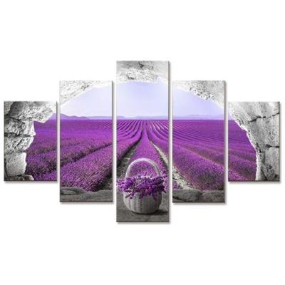 Quadro Moderno 5 Pezzi Su Tela Grande Vogue 120x210 Cm Finestra Sul Campo Di Lavanda