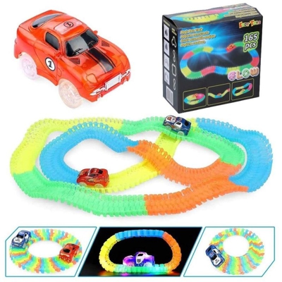 Bakaji - Pista Macchinine Flessibile Costruzioni 165pz Fluorescente Auto con Luci Bambini