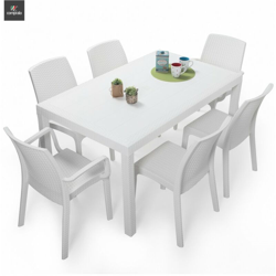 Tavolo 150x90 Giardino con 6 Sedie Senza Braccioli per Esterno Rattan Bianco Houston precio
