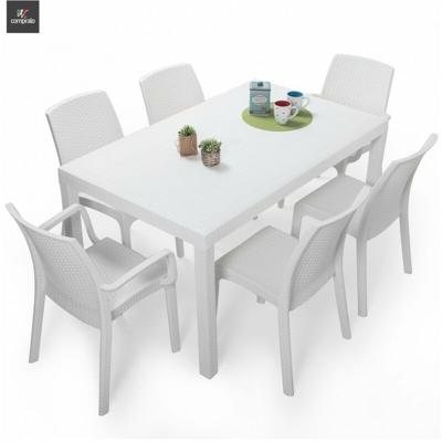 Tavolo 150x90 Giardino con 6 Sedie Senza Braccioli per Esterno Rattan Bianco Houston