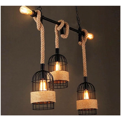 Lampadario sospensione vintage 3 pendenti gabbia metallo corda E27 SJ-075-3