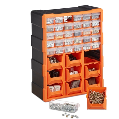 Relaxdays - Cassettiera per Viti, a Parete, Garage, 39 Cassetti, Plastica, Porta Attrezzi, 47x38x16 cm, Arancione/Nero