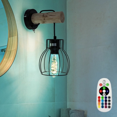 Etc-shop - Lampada da parete retrò con design a gabbia per telecomando, lampada da terra in legno dimmerabile in un set con illuminazione a LED RGB