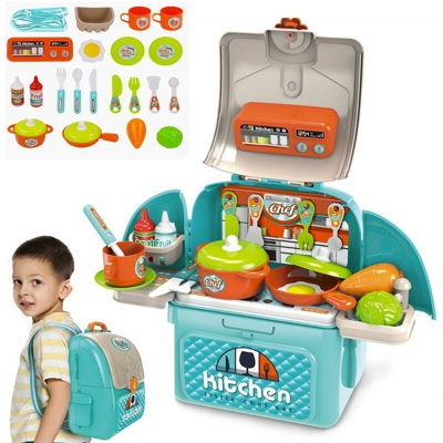 Bakaji - Zaino Valigetta Cucina Giocattolo Bambini con Fornello 28 Accessori Gioco Blu
