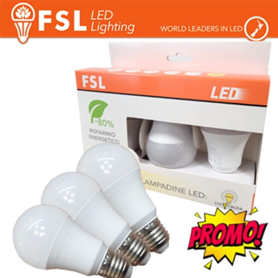 FSL - 3 x lampadina led A60 200° 220-240 volt 9 watt A+ CE E27 bianco naturale no lif fl3a60b9w40k27