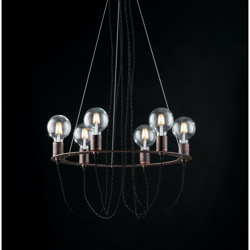 Sospensione in ferro laccato nero rame 6 luci con fili in tessuto en oferta