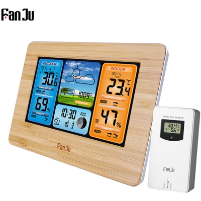 FJ3373 Orologio meteo multifunzionale wireless con sensore esterno e cavo di alimentazione USB, tagliatelle di bambu - Fanju