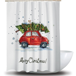 Happyshopping - Tenda da doccia in poliestere serie natalizia con 12 ganci a C 18 * 18 cm,piccola macchina rossa - piccola macchina rossa en oferta