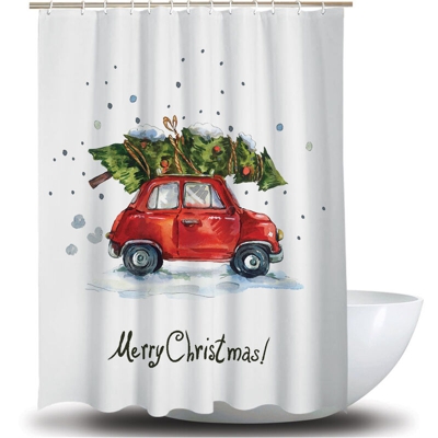Happyshopping - Tenda da doccia in poliestere serie natalizia con 12 ganci a C 18 * 18 cm,piccola macchina rossa - piccola macchina rossa