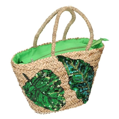 Borsa paglia con paillettes foglie
