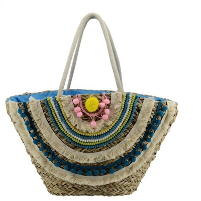 Borsa di paglia naturale con frange - multicolor