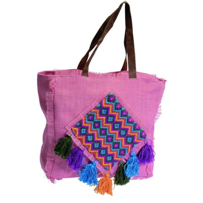 Borsa juta rosa con pon pon