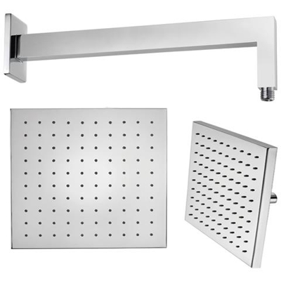 Braccio Doccia Ottone Cromato + Soffione Doccia Quadrato Ottone Cromato 400x400x8 Mm Spessore