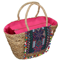 Borsa paglia con decori e pompon características