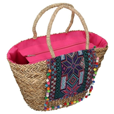 Borsa paglia con decori e pompon