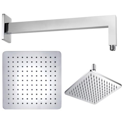 Braccio Doccia Ottone Cromato + Soffione Doccia Quadrato Acciaio Inox 300x300x4 Mm Spessore