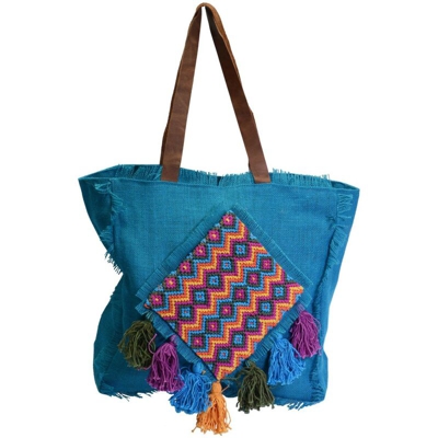 Borsa juta turchese con pon pon