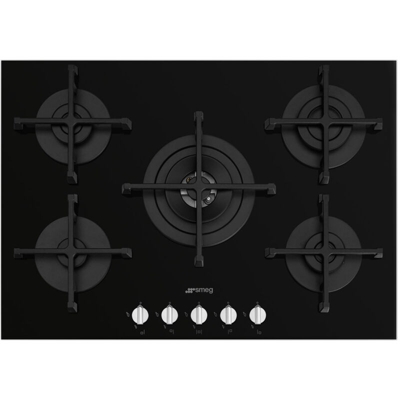 Smeg PV275N Piano Cottura a Gas in Vetro Estetica Selezione 5 Fuochi Griglie in Ghisa 75 cm Nero