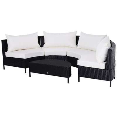 Divano Da Esterno In Pe Rattan Nero Con Cuscini Bianchi, Set 5 Pezzi Con Tavolino