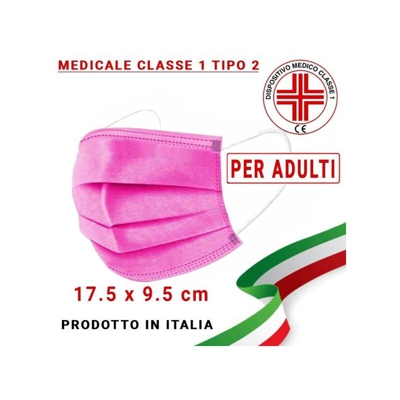 Mascherina Medicale ADULTI Tipo 2 tre strati UNI EN 14683:2019 modello chirurgico colore Fucsia (confezione sigillata da 10pz) - Fucsia