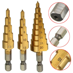 Drillpro - Set trapano trapano svasatore a gradini con punta da trapano 3 pezzi 3-12 / 4-12 / 4-20mm 1/4 di pollice con codolo esagonale HSS titanio características
