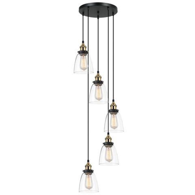 Lampada A Sospensione Industriale E Retrò Nera, Oro A 5 Luci Con Paralume Trasparente, Dimmerabile E27