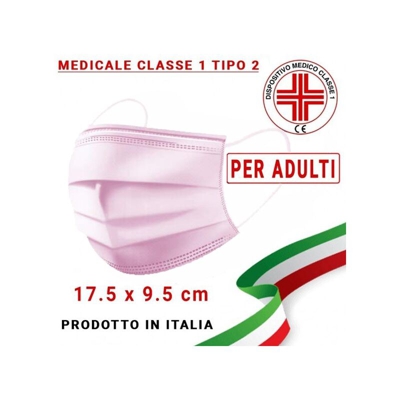 Mascherina Medicale ADULTI Tipo 2 tre strati UNI EN 14683:2019 modello chirurgico colore Rosa (confezione sigillata da 10pz) - Rosa