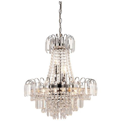 Lampada A Sospensione A 6 Luci Cromata, Perline Di Vetro Sfaccettato Trasparente, E14