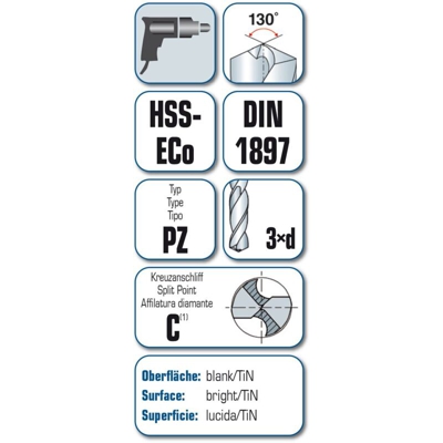 Alpen 92100500100 HSS-E Punta a spirale per metallo 5 mm Lunghezza totale 62 mm Cobalto DIN 1897 Alberino cilindrico 1