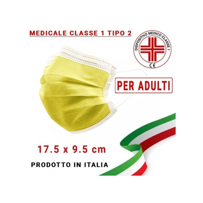 Mascherina Medicale ADULTI Tipo 2 tre strati UNI EN 14683:2019 modello chirurgico colore Giallo (confezione sigillata da 10pz) - Giallo