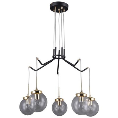 Lampada A Sospensione Industriale E Retrò Nera Opaca, Oro 5 Luci Con Paralume Trasparente, E14