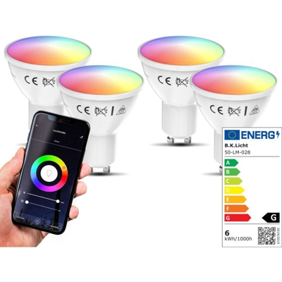 Lampadine LED smart RGB GU10, set di 4, luce calda fredda colorata, dimmerabili con lo smartphone, funziona con App per iOS e Android, Amazon Alexa,